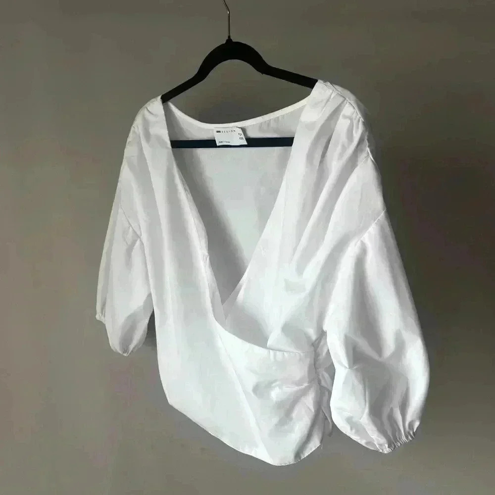 ASOS Design Cotton Fallen Shoulder Wrap Top with Volume Sleeve in White